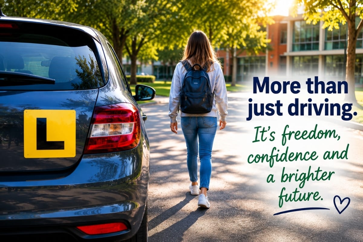 University student walking confidently away from a learner vehicle on campus, highlighting how driving lessons build independence, confidence, and freedom while overcoming driving anxiety.