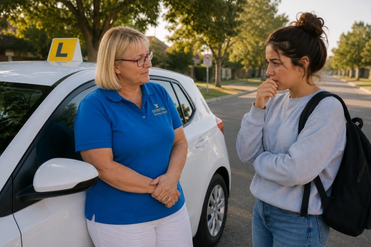 Supportive driving instructor helping a nervous learner driver overcome driving anxiety before a practical driving lesson.