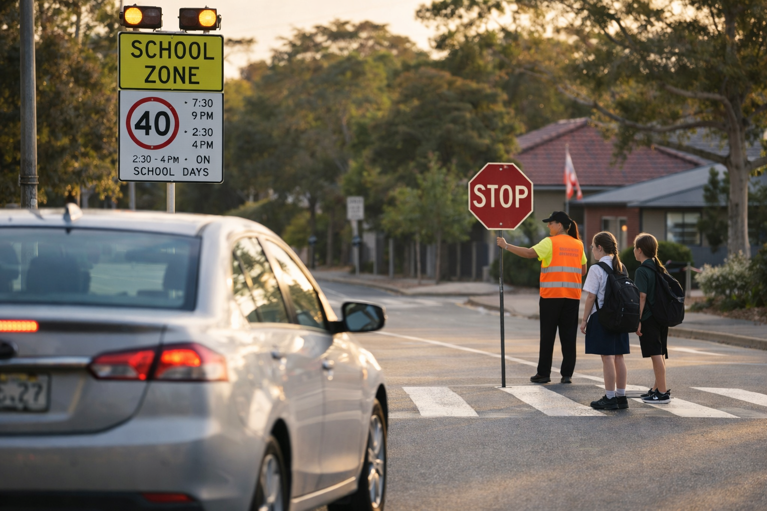 Safe driving in school zones in Perth with school crossing guard and students crossing the road