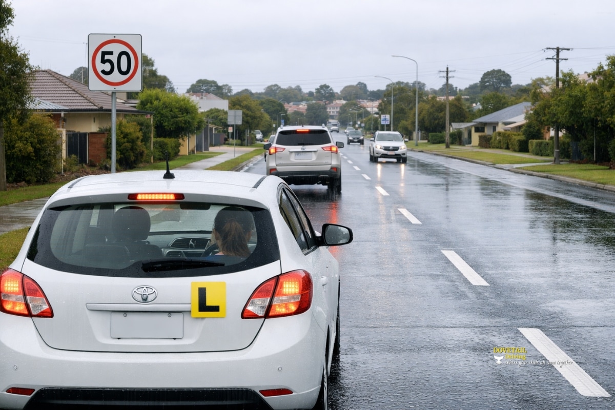 Learner driver car with L plates braking on wet suburban road in Perth, showing how weather affects braking and reaction time in rainy conditions
