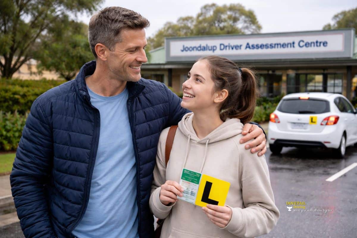 Parent supporting teenage learner driver outside Joondalup Driver Assessment Centre in Perth, holding L plates and preparing for driving test