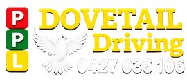 `Dovetail Driving School logo with white dove icon and P plate learner symbols on blue background`
