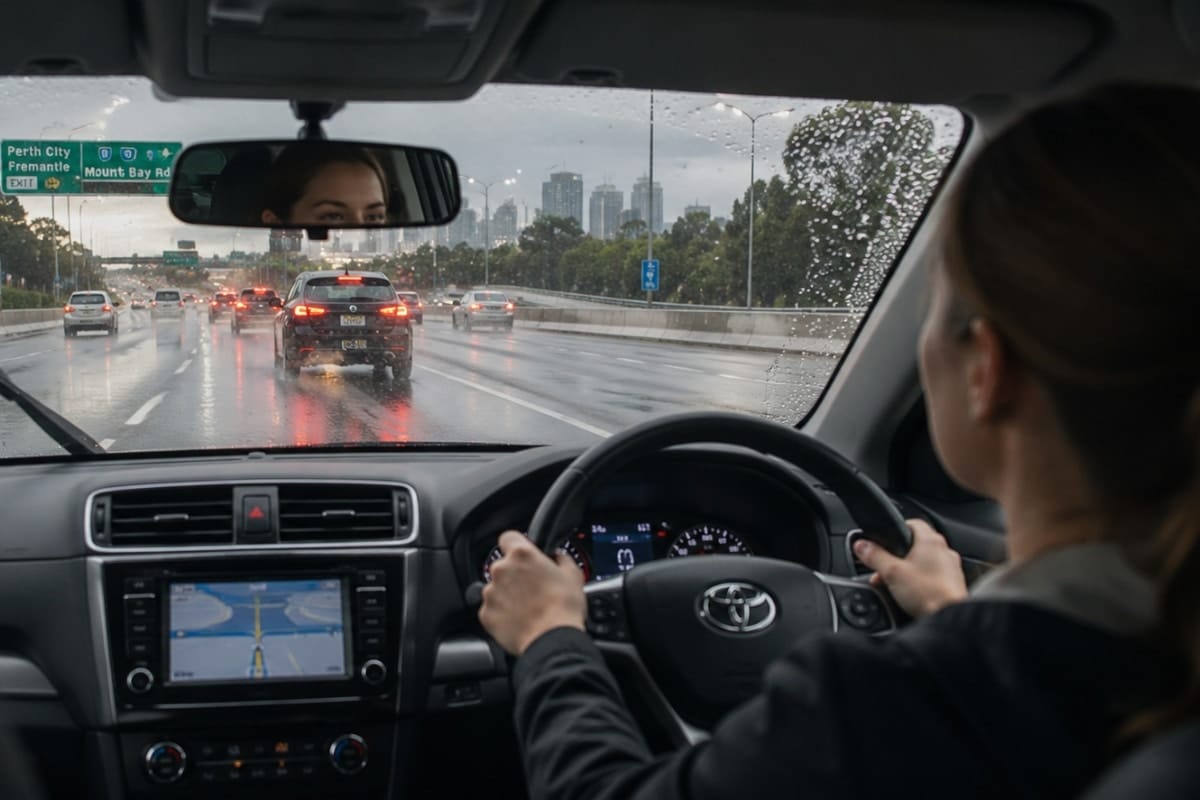 Adult learner driver practising driving on the freeway in the rain on a Perth freeway with wet roads, reduced visibility, and heavy traffic during rainy conditions.