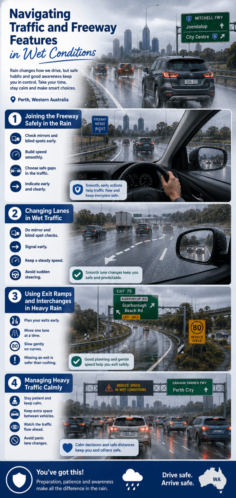 Infographic showing safe freeway driving techniques in wet conditions in Perth WA, including merging, lane changes, exit ramps, and managing heavy traffic in rain.