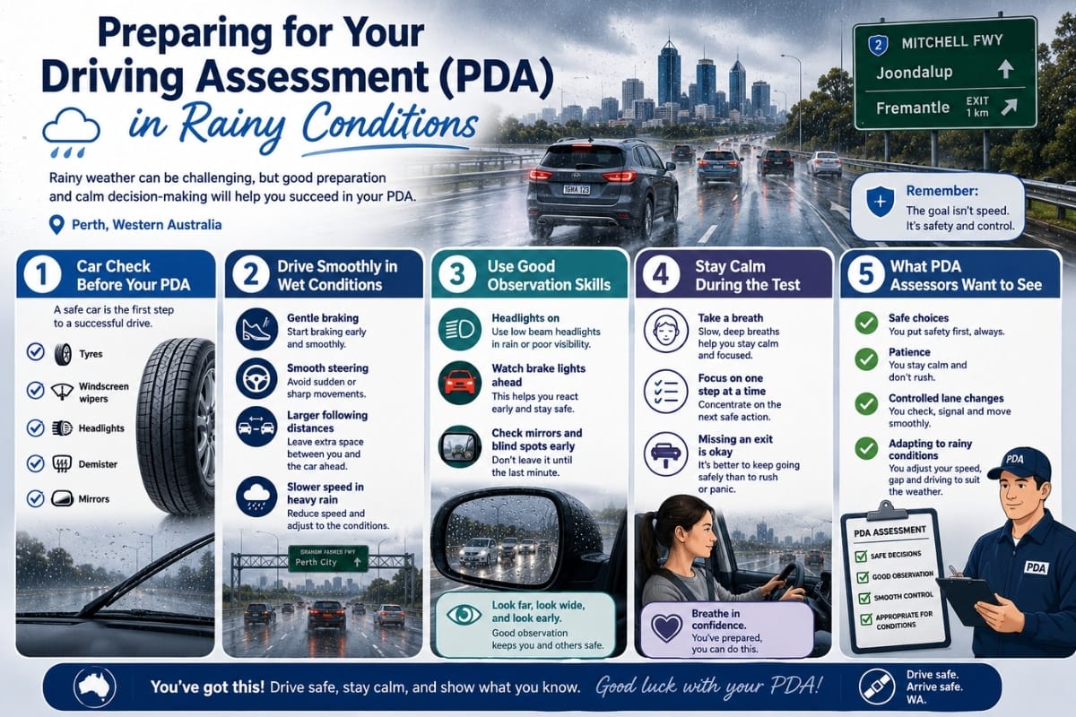 Infographic showing how to prepare for a driving assessment (PDA) in rainy freeway conditions in Perth, Western Australia, including wet weather driving tips, observation skills, and safe driving techniques.