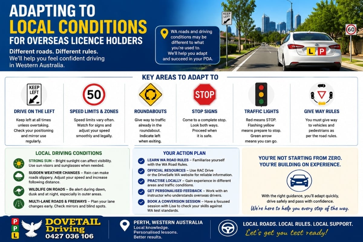 Adapting to local conditions for overseas licence holders infographic covering WA road rules, left-side driving, roundabouts, speed limits and Practical Driving Assessment preparation